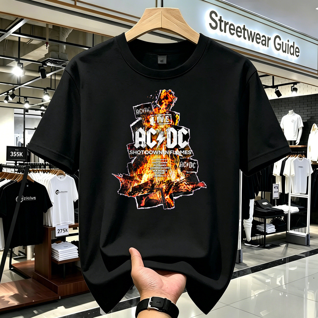 Kaos Band AC DC Shot Down In Flames Kaos Pria Lengan Pendek Kaos Vintage Band Merch Rock Motif Api A