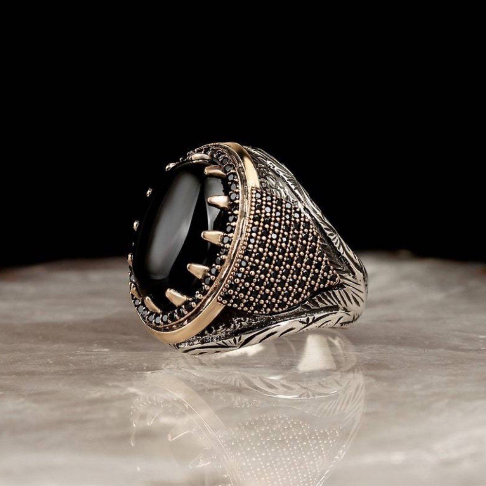 Cincin Pria Perak Emas Hitam Batu Akik Kristal Permata Baja Titanium Vintage Kepribadian Fashion Pun