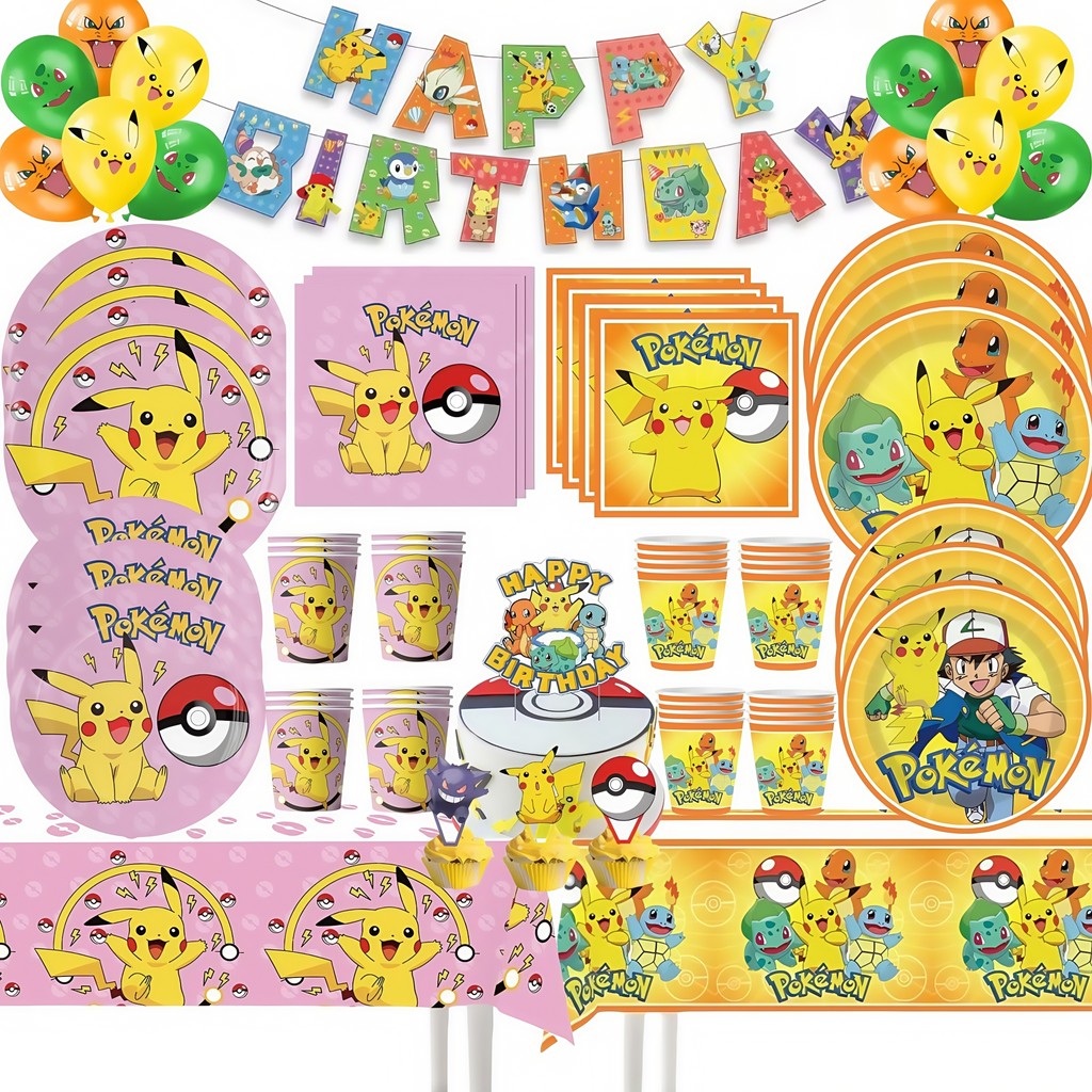 Pokemon Birthday Party Decoration Pikau Tableware Set Tablecloth Cup Plate Napkin Balloons for Kids 