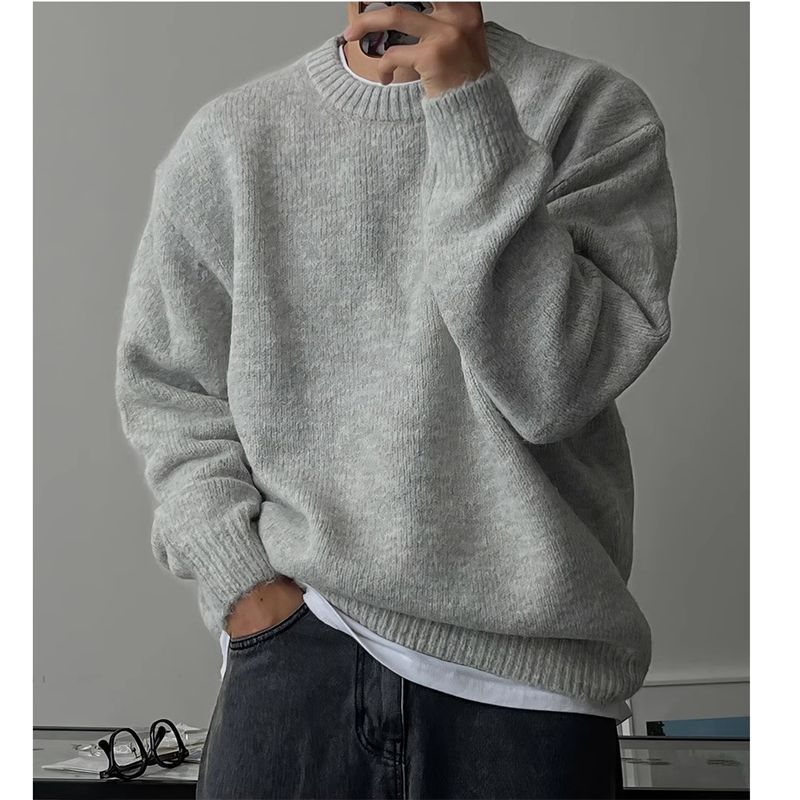 Sweater Rajut Pria Berkualitas Tinggi yang Tebal dan Hangat   Sweater Leher Bulat Longgar Berlapis
