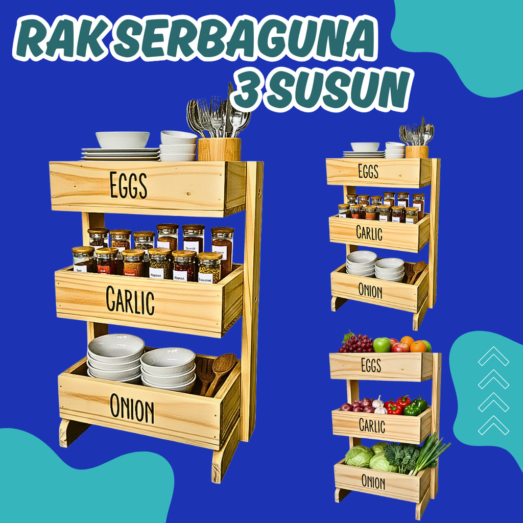 Rak bawang kayu 3 susun / Rak dapur / Rak kosmetik/ Rak perkakas/ Rak bawang