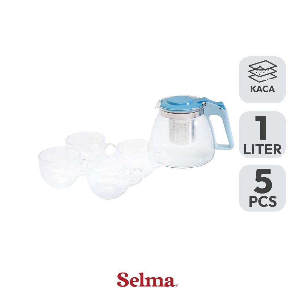 Selma Elsa Teko & Gelas Kaca 1 ltr Set 5 Pcs - Biru Water Jug Teko Air Pitcher Tempat Air Minum Wada