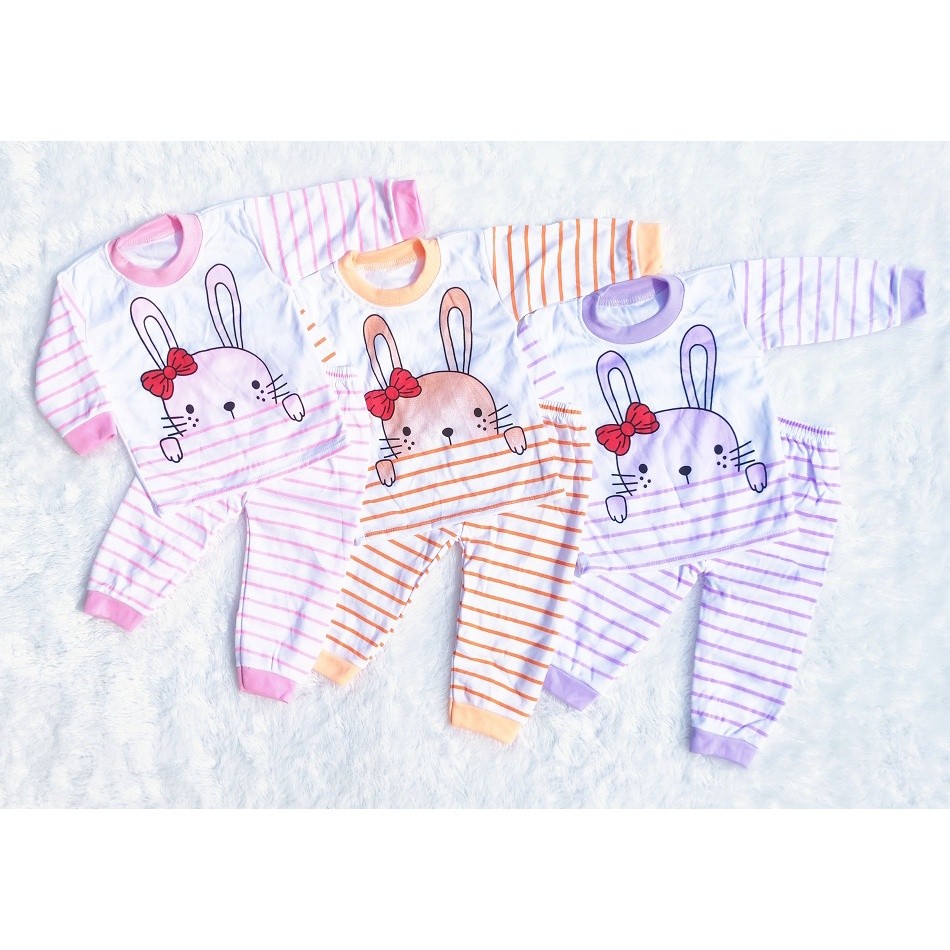OKHI - Piyama bayi anak perempuan 0-12 bulan Setelan Baby Motif "Salur Kelinci" DVD