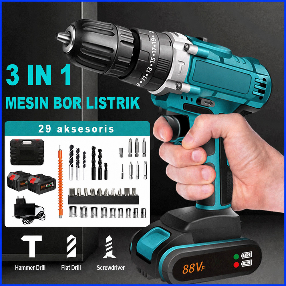 COD bor listrik 88vf Mesin bor 2baterai cas 10mm bor listrik murah bor tangan baterai besi tembok Be