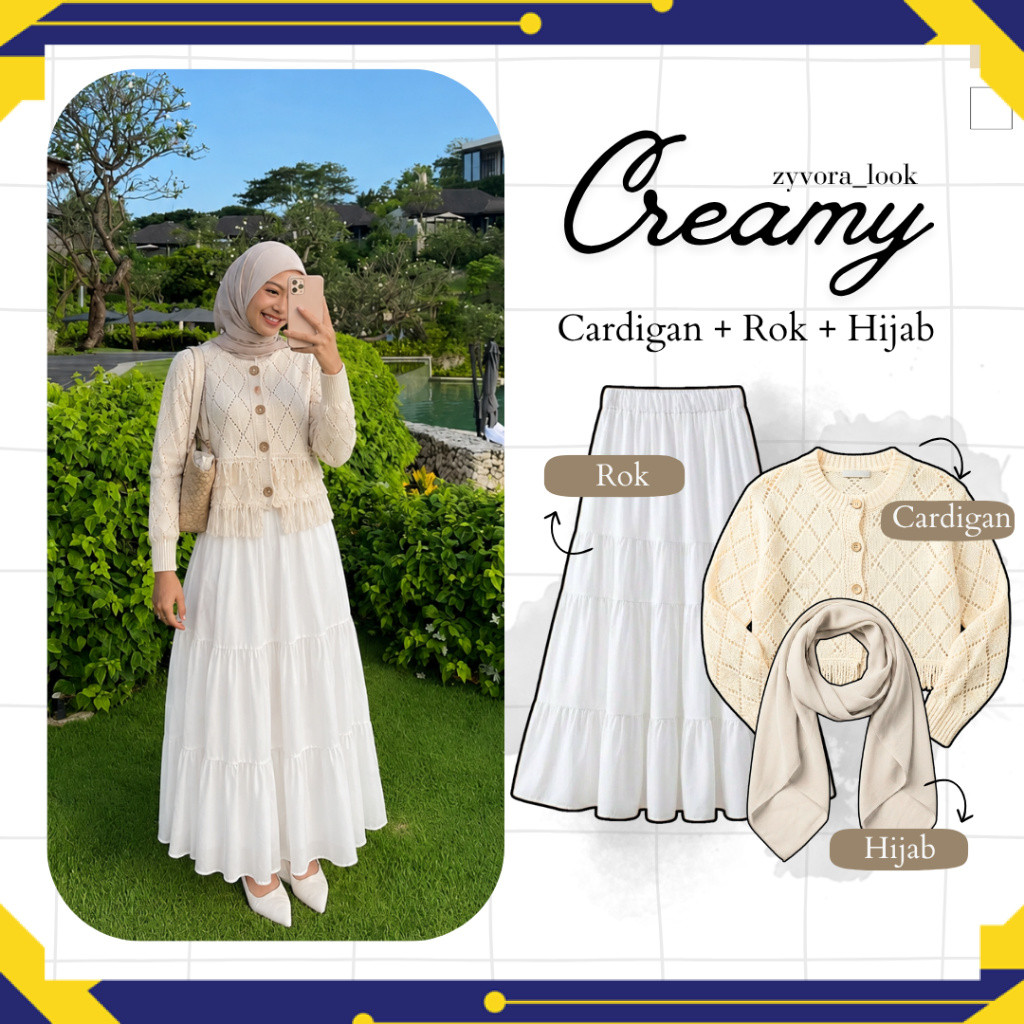 Creamy Set 3in1 [ Cardigan + Rok susun ruflle + hijab ] Setelan wanita Hijab | Elegant simple Look o