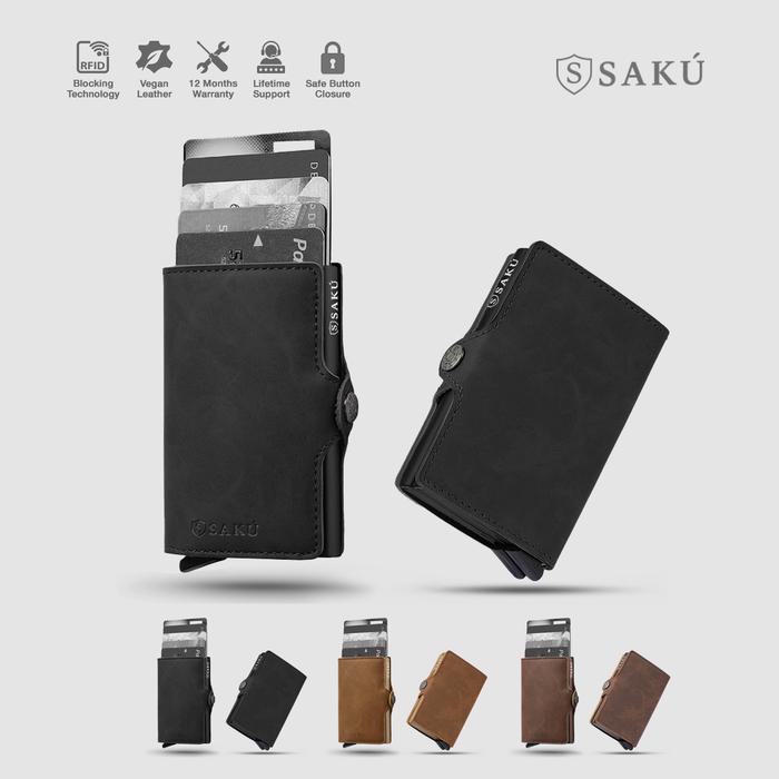 SAKU Dompet Kartu Pria Wanita Smart Wallet Card Holder RFID Kulit - Black, Single, Tanpa Custom