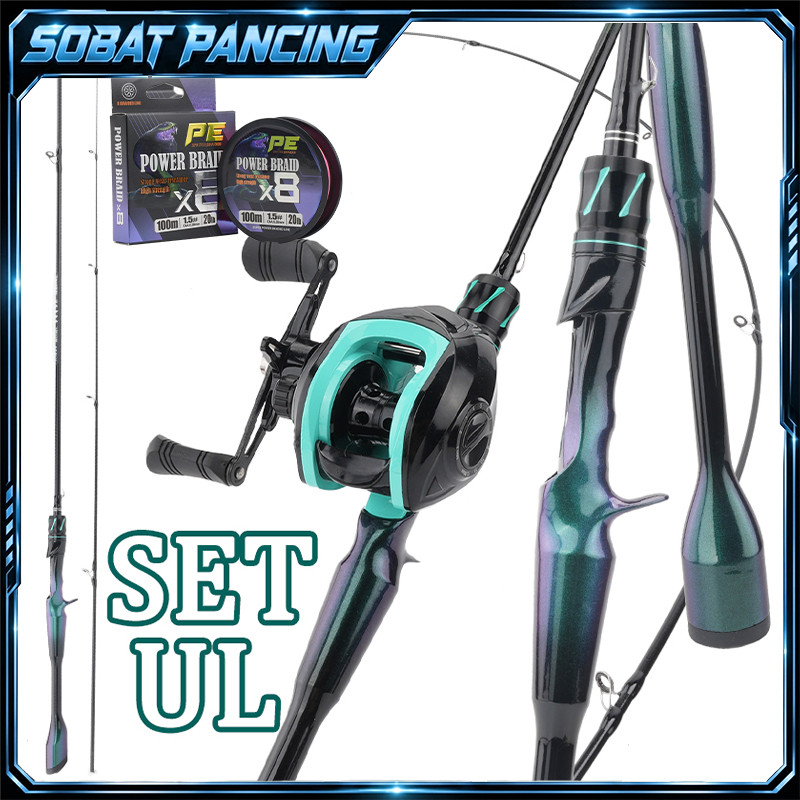 Paket Set Joran Pancing Baitcasting UL Carbon Fiber 2 Section dengan Baitcasting Reel & Senar X8 PE 