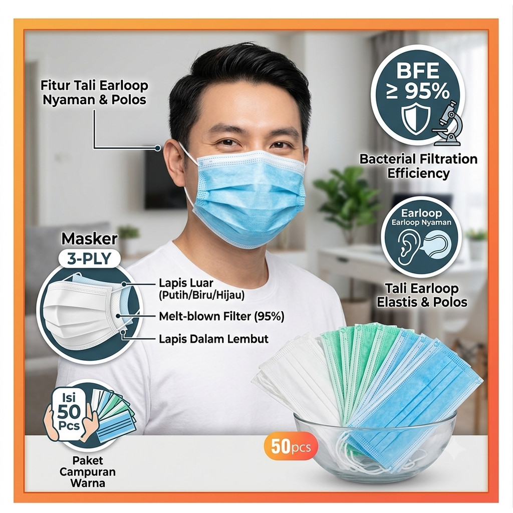 Masker 3 ply 3 ply Refill Segel plastik baru isi 50 pcs Earloop LBX nyaman dipakai Kualitas Bagus Tali Elastis