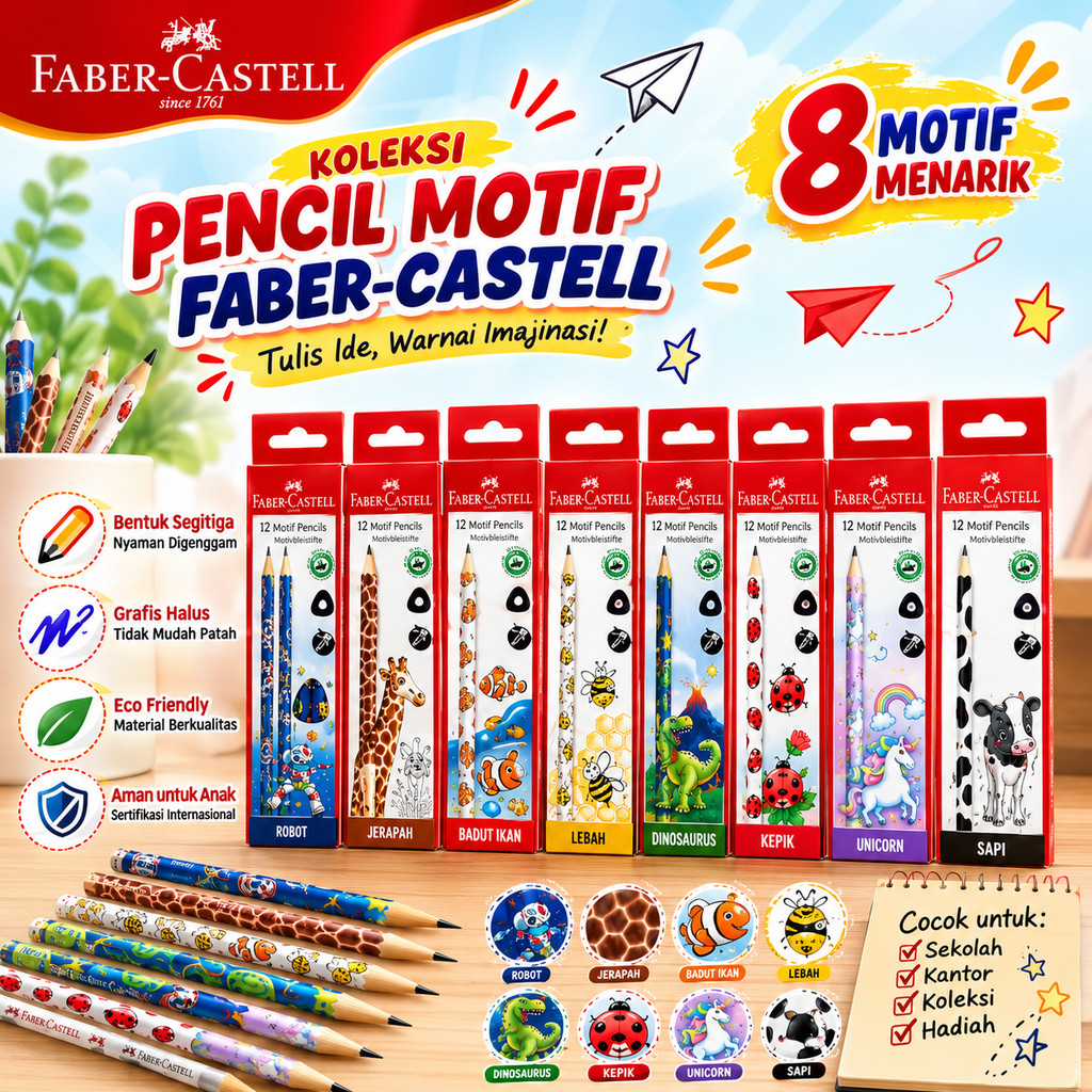 Faber Castell Motif Pensil Graphite Tulis Karakter Funny Hewan Robot Triangular HB Original Pencil G