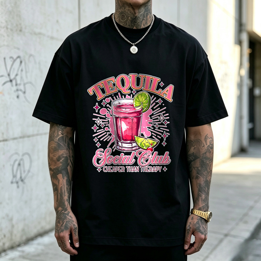 Kaos Pendek Unisex Untuk Pria Dan Wanita Dengan Desain Tequila Social Club Minuman Merah Muda Limau