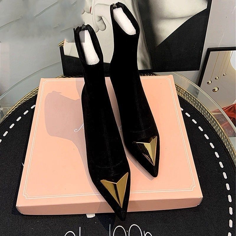 Sepatu bot wanita elastis ramping, sepatu hak tinggi ujung runcing, sepatu bot wanita hak sedang, se