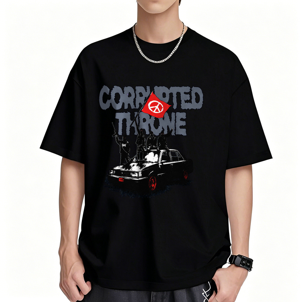Kaos Band Merch Corrupted Tape Motif Tulisan Punk Retro Vintage Oversized T Shirt Streetwear Sablon 