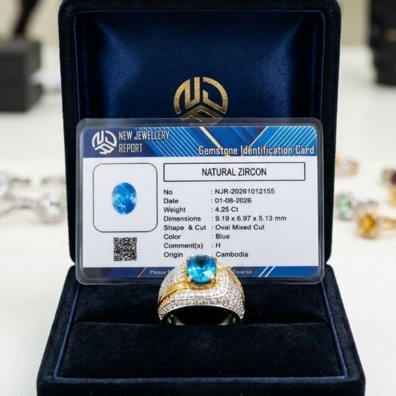 Cincin Permata Blue Zircon Oval Shape Clean Lengkap Dengan Memo Lab