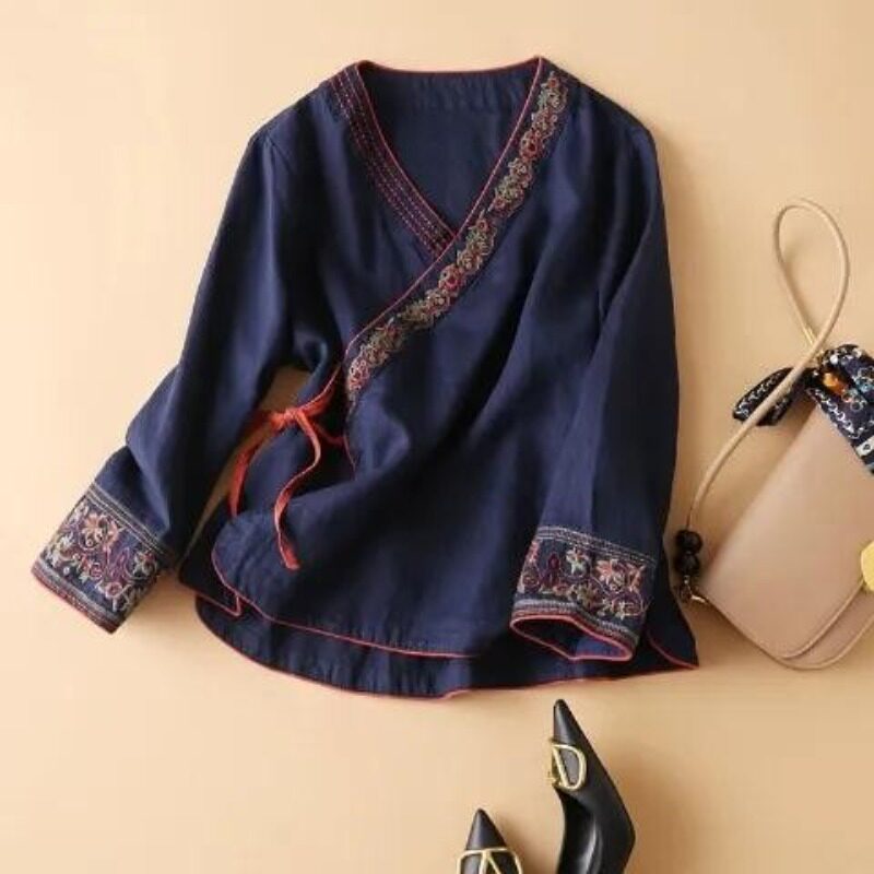 Musim semi musim gugur etnis kapas hemp kaos wanita slanted bordir retro pakaian top ukuran longslee