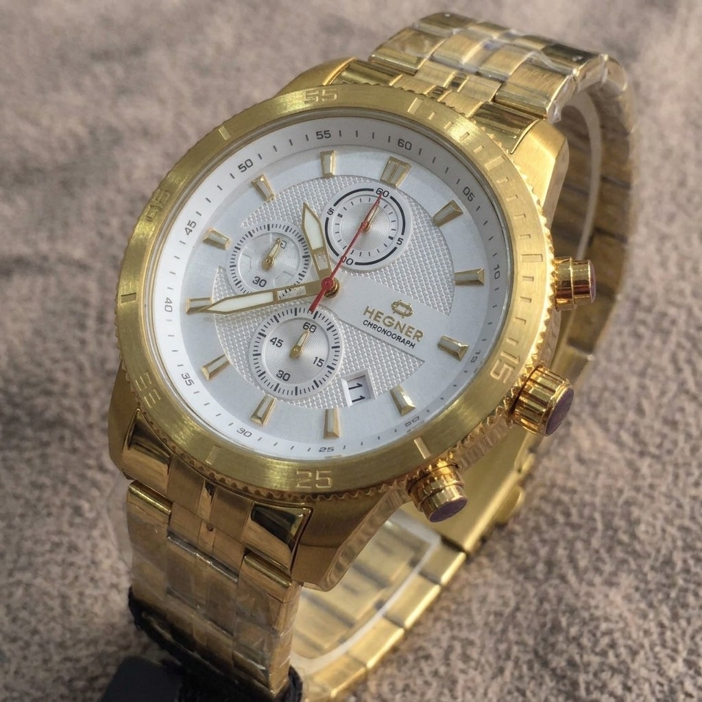 Hegner HW 1675 G-3 Chronograph Jam Tangan Pria Stainless Steel Gold White