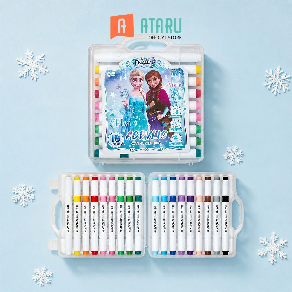 Ataru Disney Spidol Akrilik 18 Warna Dual Tip Frozen - Mix Marker Pen Pena Marker Felt Tip Spidol Tu