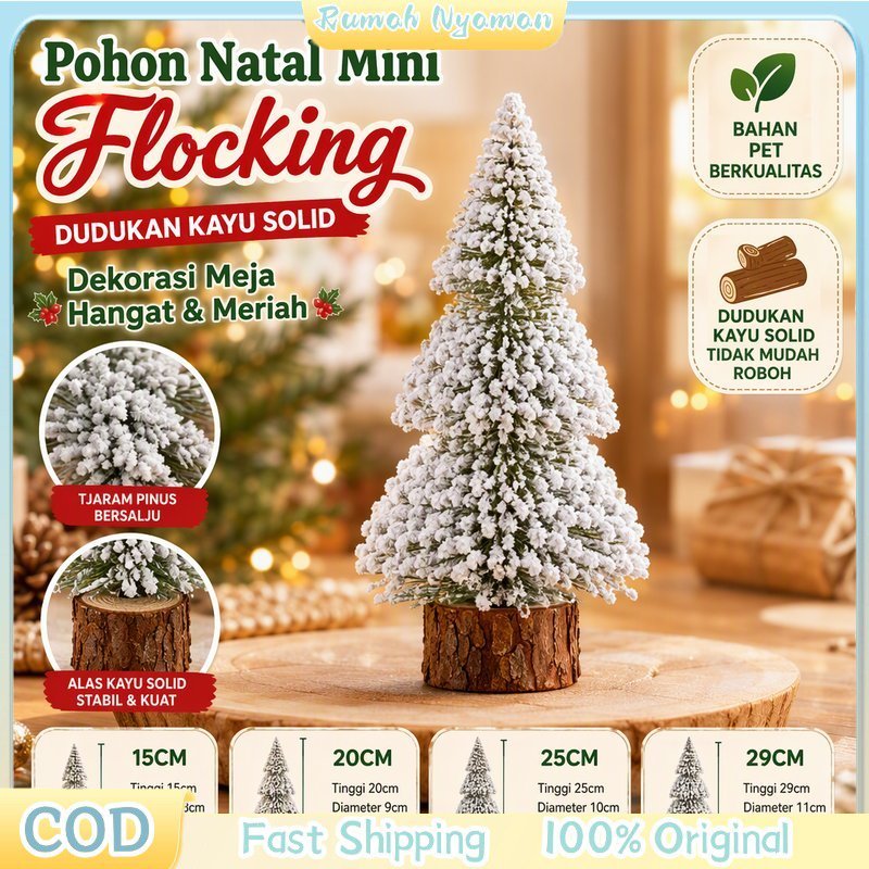 Pohon Natal Mini Flocking Bentuk Menara Dudukan Kayu Solid Dekorasi Meja Rumah Kantor Etalase Toko