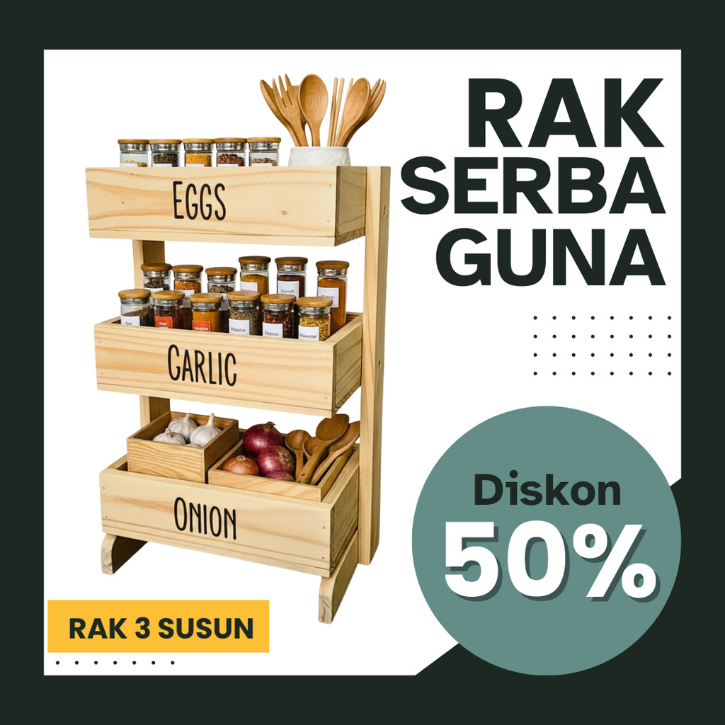 Rak bawang kayu 3 susun / Rak dapur / Rak kosmetik/ Rak perkakas/ Rak bawang