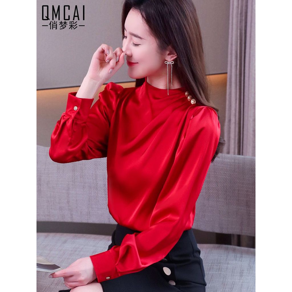 Kemeja satin asetat wanita kemeja lengan panjang  jaket sutra ringan