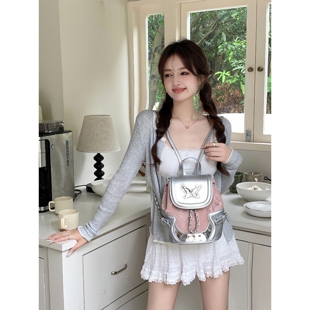 [COD]Backpack  Y2K Tas Bahu Rntai Tas Wanita Perak Lucu Perguruan Tingg Lucu Import Korea