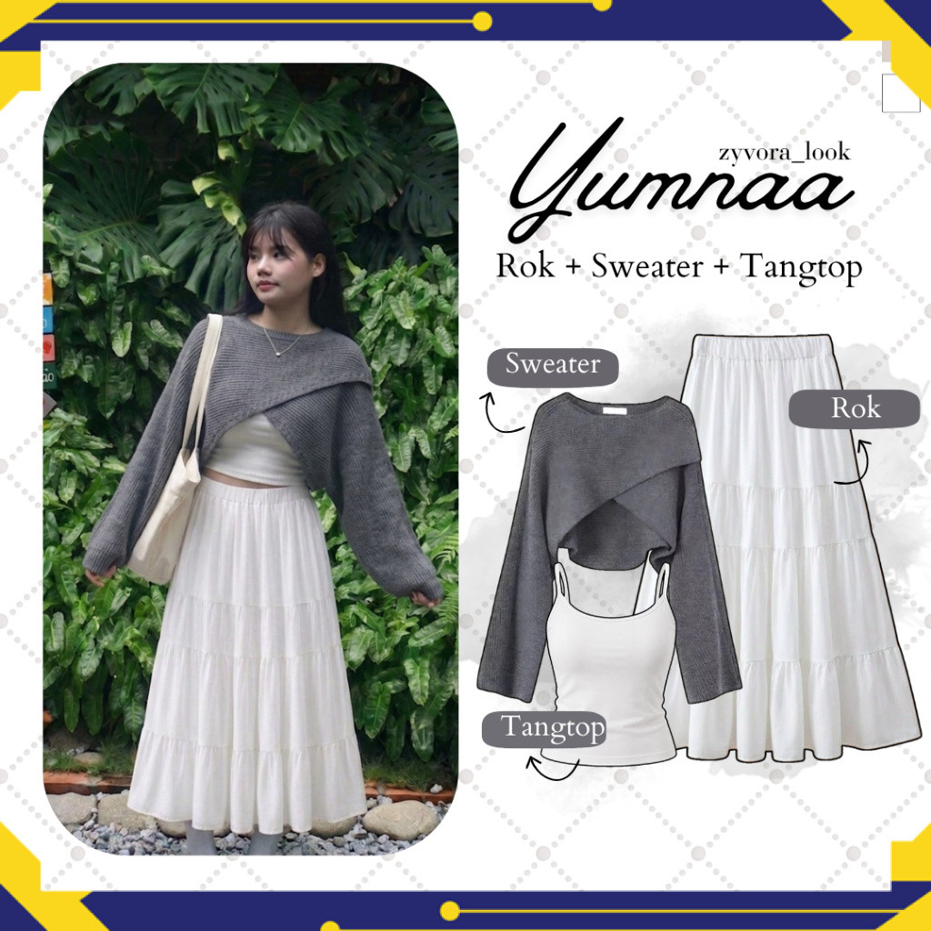 3in1 Yumnaa Set -Oneset- [ Sweater Knit + Tangtop + Rok ] Set Cewe Feminim Simple | Hangout Outfit S