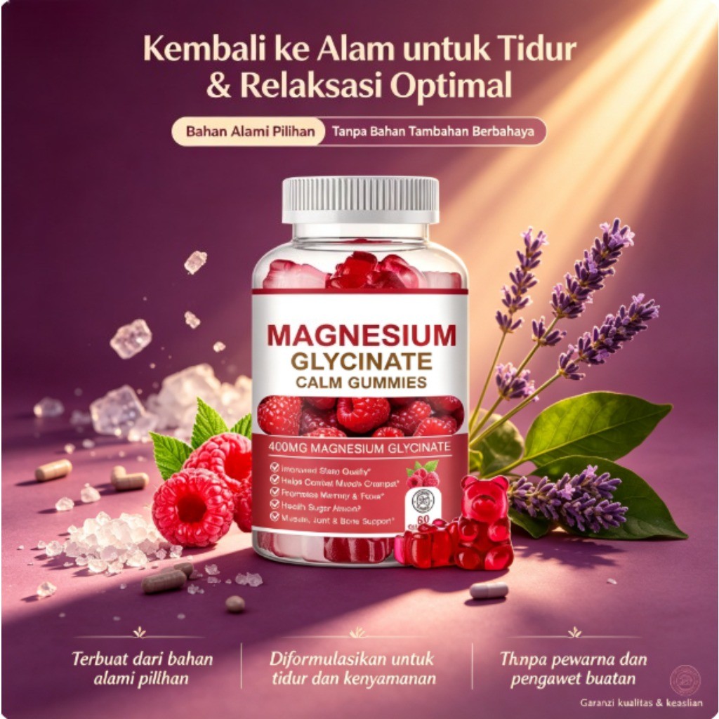 400Mg Glycine Magnesium Gummies Suplemen Mendukung Relaksasi Tidur dan Otot 60 Gummies Bebas Gula ly