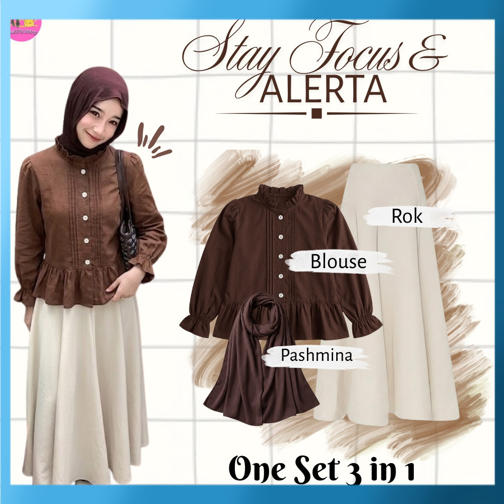 Setelan OneSet 3 in 1 Blouse Elora & Rok Payung Kekinian (Blouse Elora + Rok Payung + Pashmina) Kore