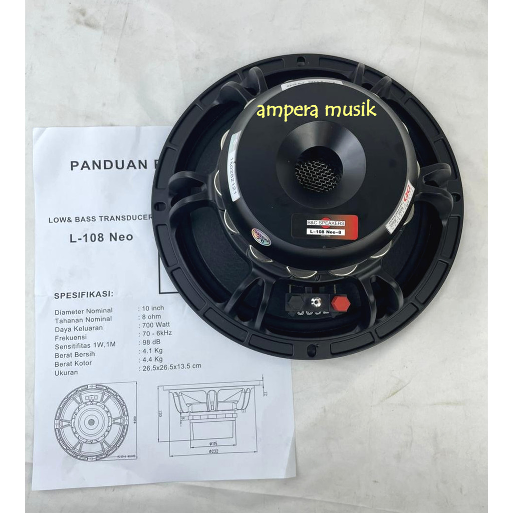 SPEAKER COMPONENT B&C L-108 NEO 8 OHM SPEAKER 10 INCH BNC L108