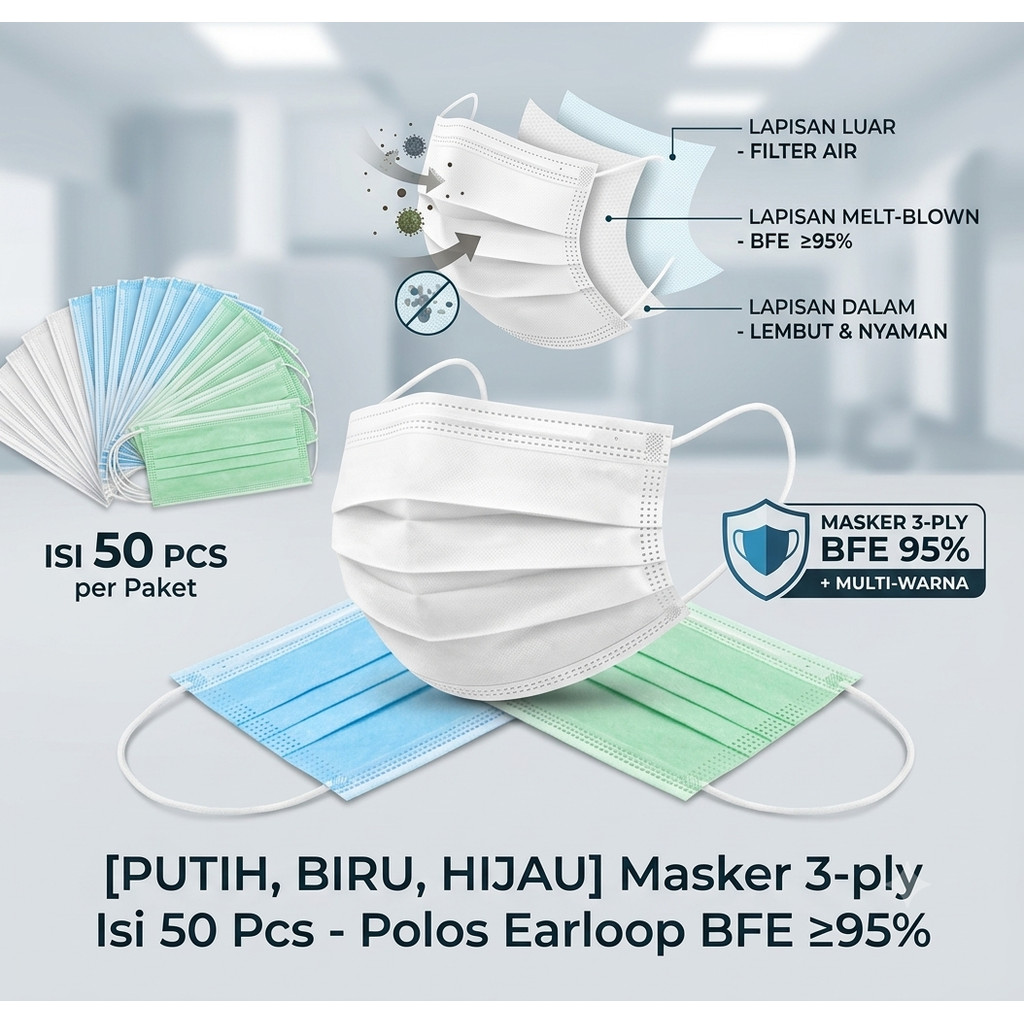 Masker 3 Ply 3Ply isi 50 pcs disposable Facemask mask Masker Earloop Biru Hijau Putih Disposable Pemakaian Sehari hari anti debu virus