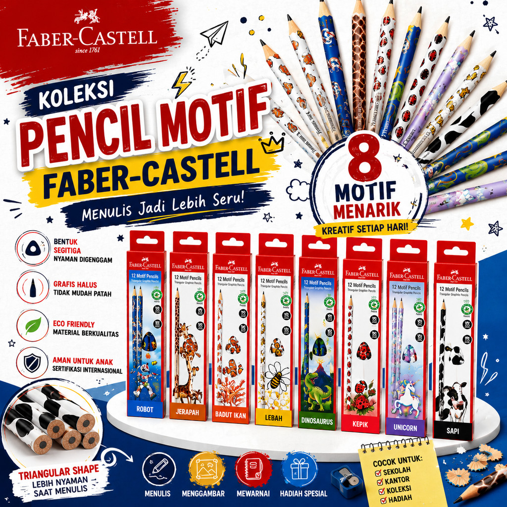 Faber Castell Motif Pensil Graphite Triangular Hewan Robot Dinosaurus Unicorn Kepik Lebah HB Origina
