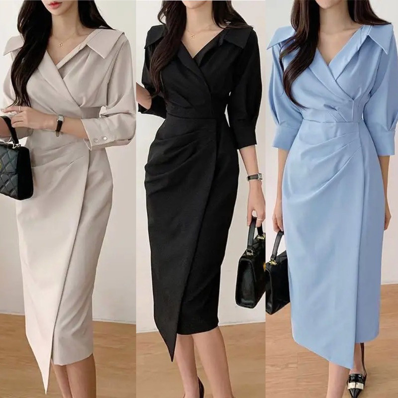 D1507 CHOSHI VINTAGE MIDI DRESS SIMPLE POLOS CASUAL FORMAL KANTOR