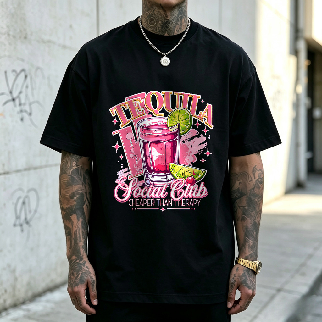 Kaos Pendek Pria Wanita Untuk Pecinta Minuman Dengan Desain Tequila Social Club Gelas Koktail Merah