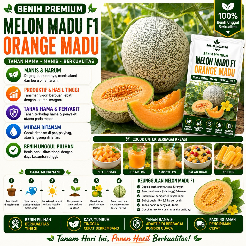 ISI 3 BIJI Benih Buah Melon Madu F1 Tahan Hama Bibit Buah Melon Orange Madu