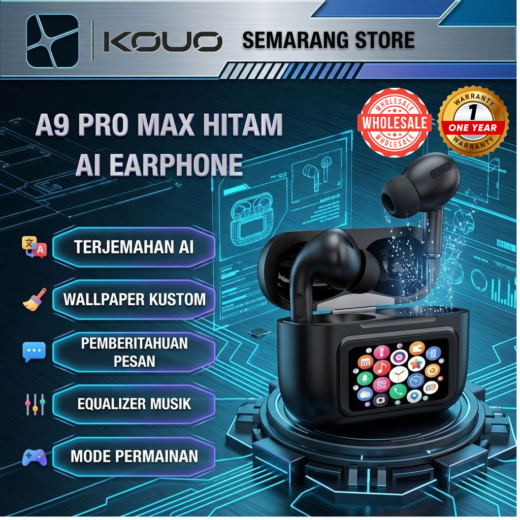 AI TRANSLATE VERSI TERBARU KOUO Semarang AI A10 Pro  Headset Bluetooth 6.0 Touchscreen 16 Fitur TWS 