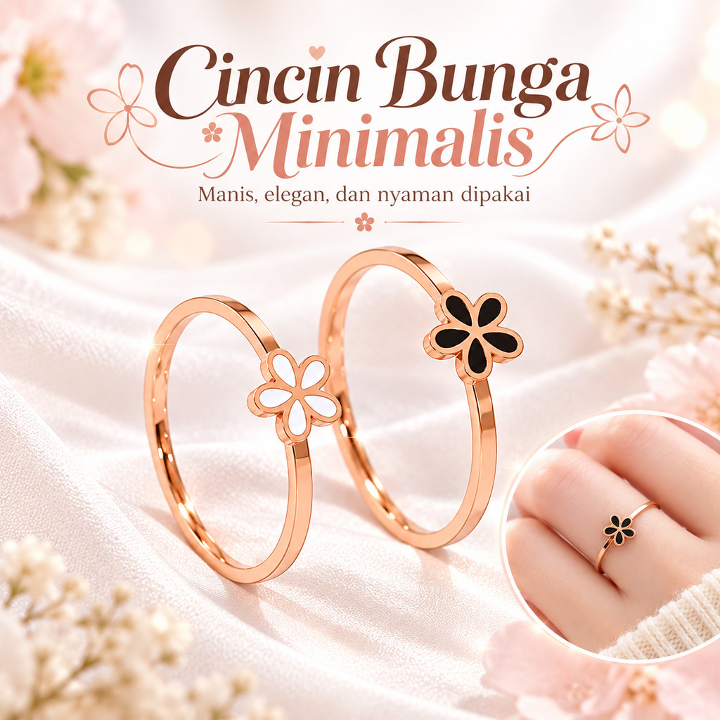 Cincin Wanita Korea Motif Bunga Minimalis Rose Gold Hitam Putih Elegan Aesthetic Fashion Ring