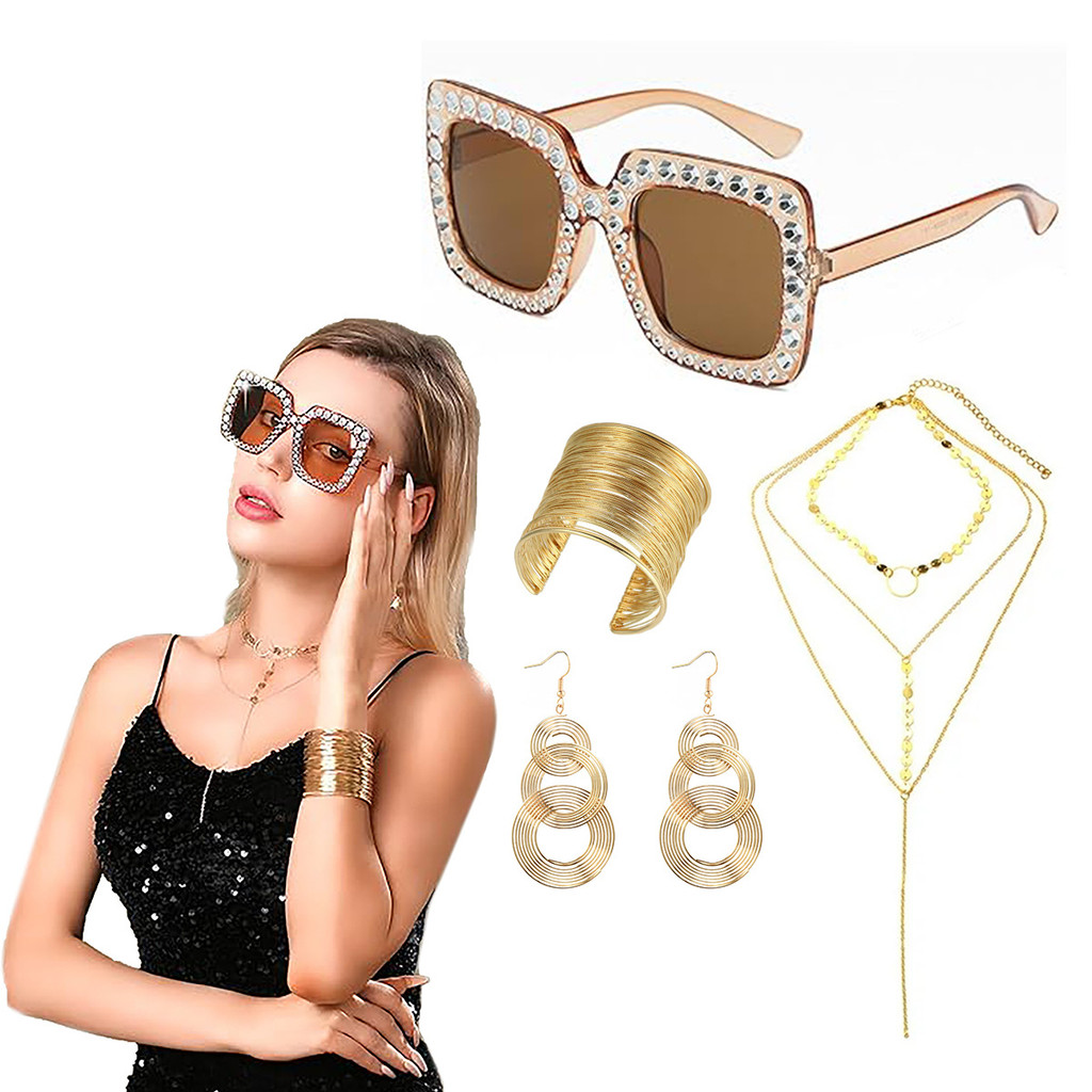 Kalung anting kacamata hitam gelang Elvis aksesoris pesta karnaval untuk wanita