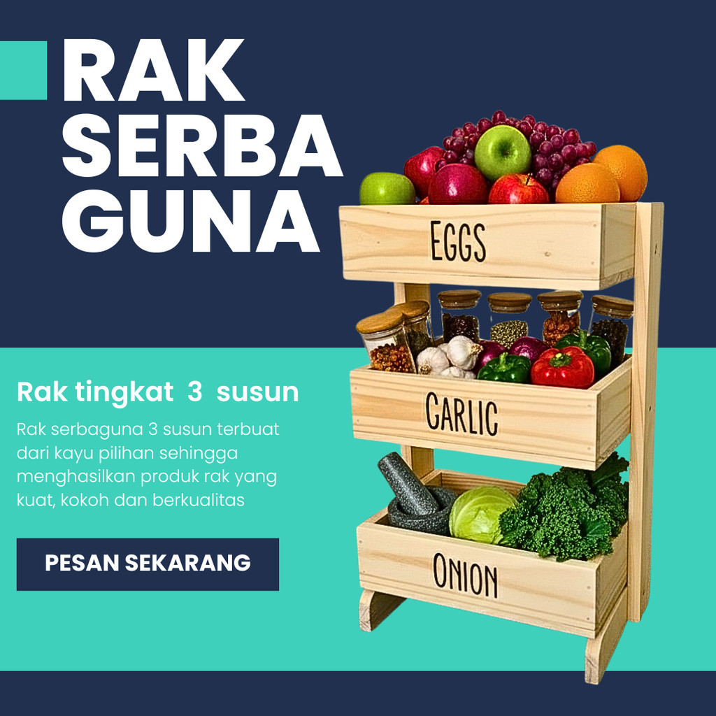 Rak bawang kayu 3 susun / Rak dapur / Rak kosmetik/ Rak perkakas/ Rak bawang