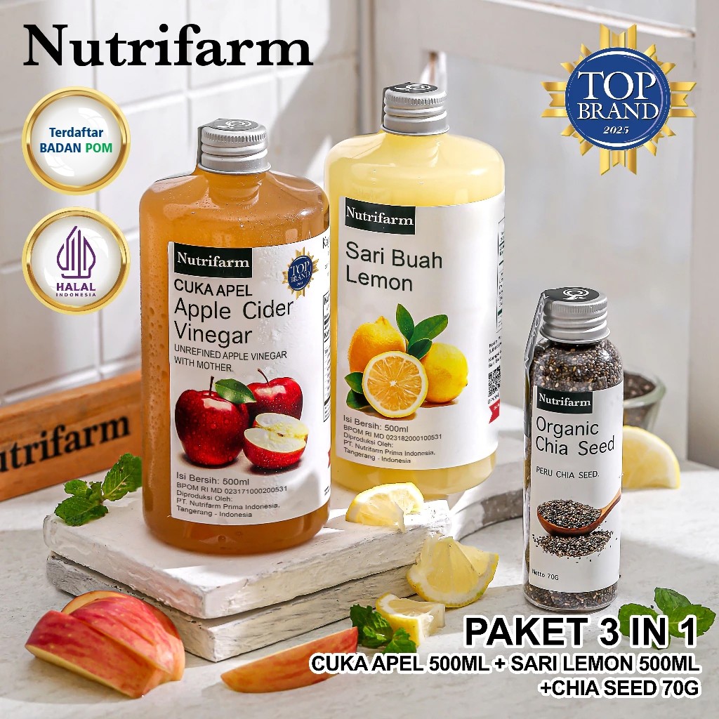 PAKET DIET CUKA APEL 3 IN 1 CUKA APEL 500ML, SARI LEMON 500ML, CHIA SEED 70GR/APPLE CIDER VINEGAR OR