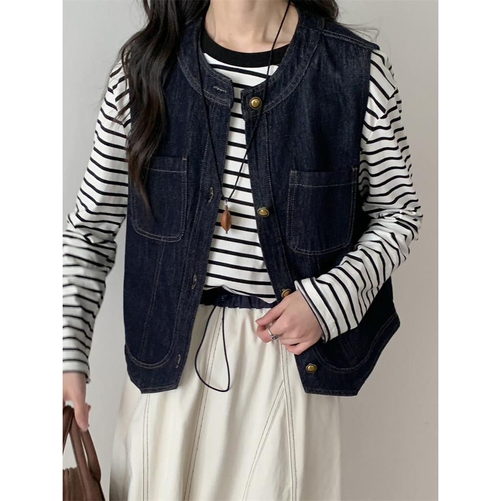 Rompi Denim Retro Wanita Jaket Tanpa Lengan Santai Atasan Berlapis