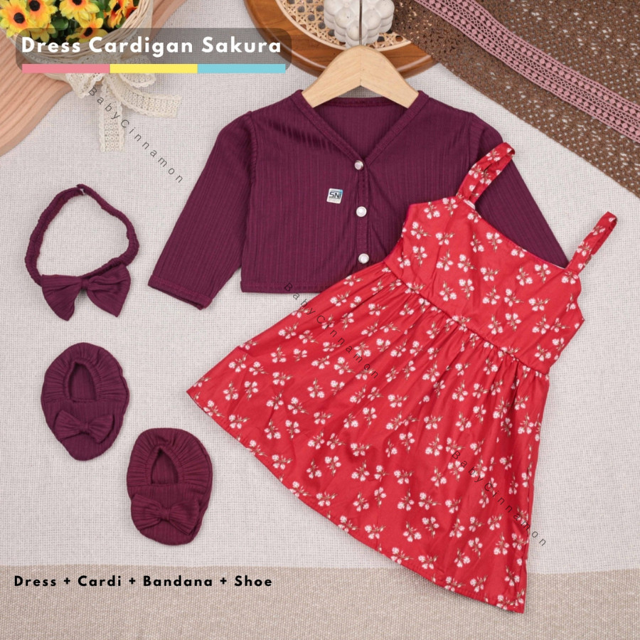 4In1 Set Cardigan Uk Bayi GRATIS Bandana & Sepatu / Katun Jepang Dress Baby SNI Dres Korea Anak Pere