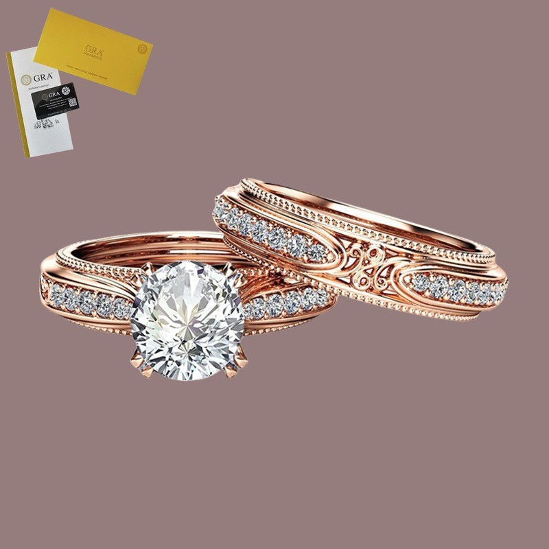 Termasuk Sertifikat GRA Set Mewah Wanita Cincin Emas Mawar 2 Karat Moissanite Cincin Tunangan Berlia