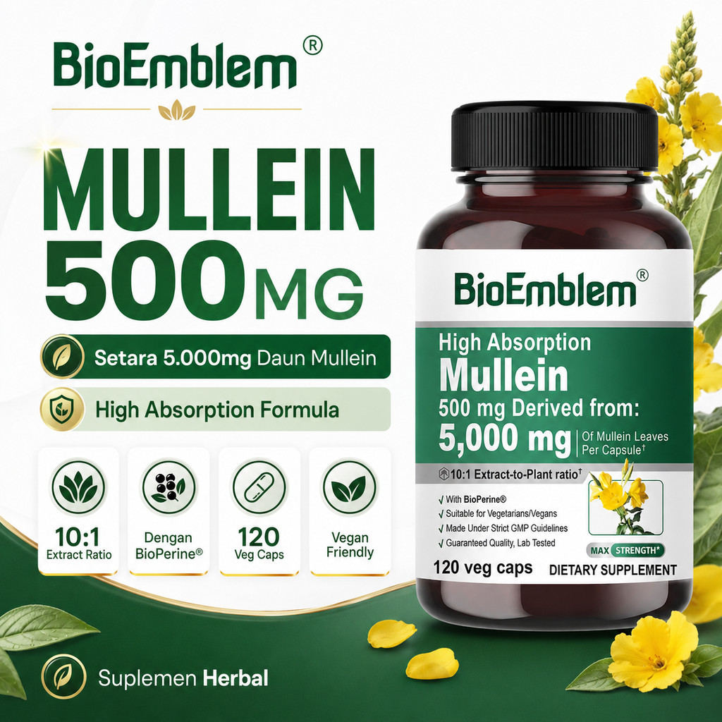 Mullein 500mg BioEmblem 120 Veg Caps Suplemen Herbal Daun Mullein untuk Menjaga Kesehatan Pernapasan