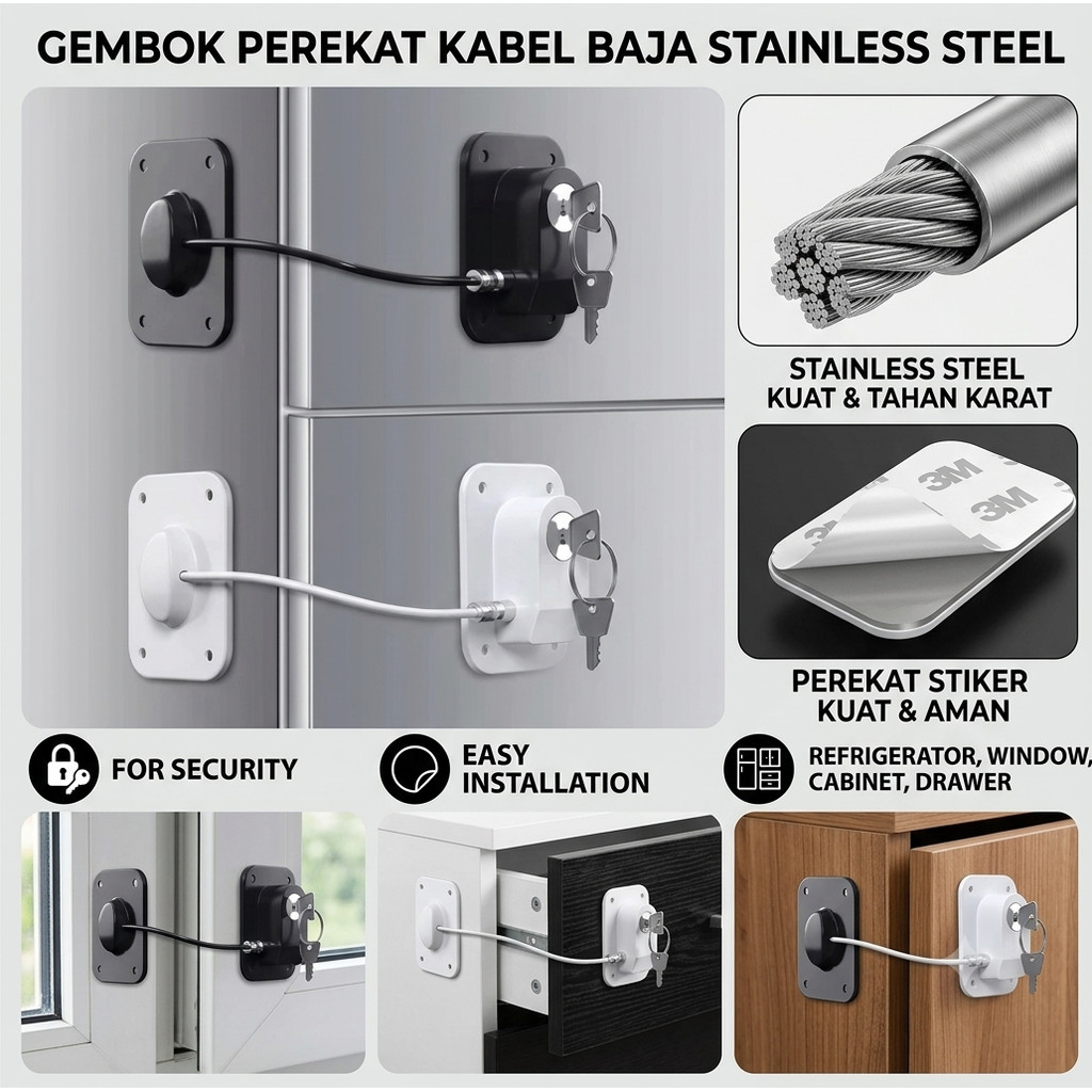 Stiker Sticker Tempel Kunci Gembok Tali Stainless Steel Pengaman Pintu Kulkas Jendela Kabinet Laci Kunci Lemari Obat Es Freezer Cable Lock Tanpa Bor Multifungsi Adhesive Child Safety Kabinet Lock Pelindung klinik Makanan Bayi Anak Balita Lansia Diet Hewan