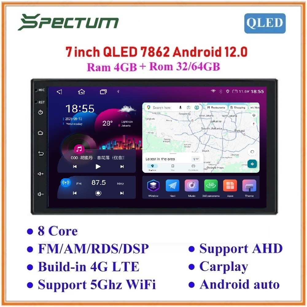 Headunit Android 7" SPECTUM TS10S  UIS7862S QLED DSP 4G BT GPS Carplay.