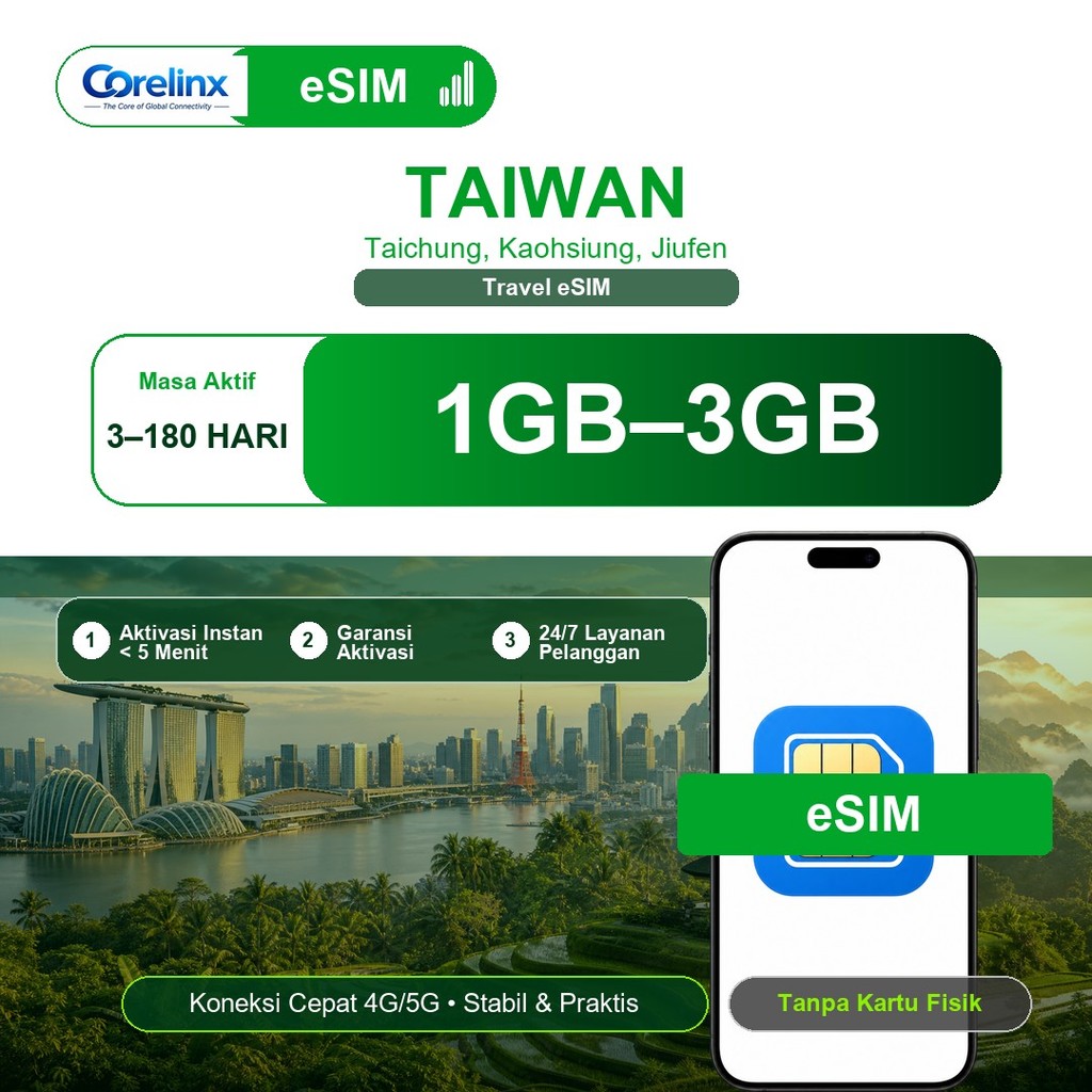 eSIM Taiwan 1GB-3GB 3-180 Hari Travel eSIM Data Internet Roaming 4G/5G QR Instan Langsung Aktif Core