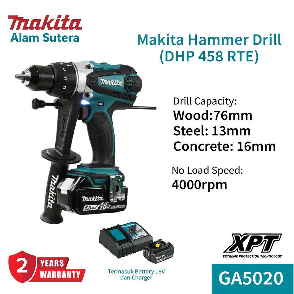 Makita Hammer Drill Driver DHP 458 RTE - Bor Makita Beton DHP 458 RTE