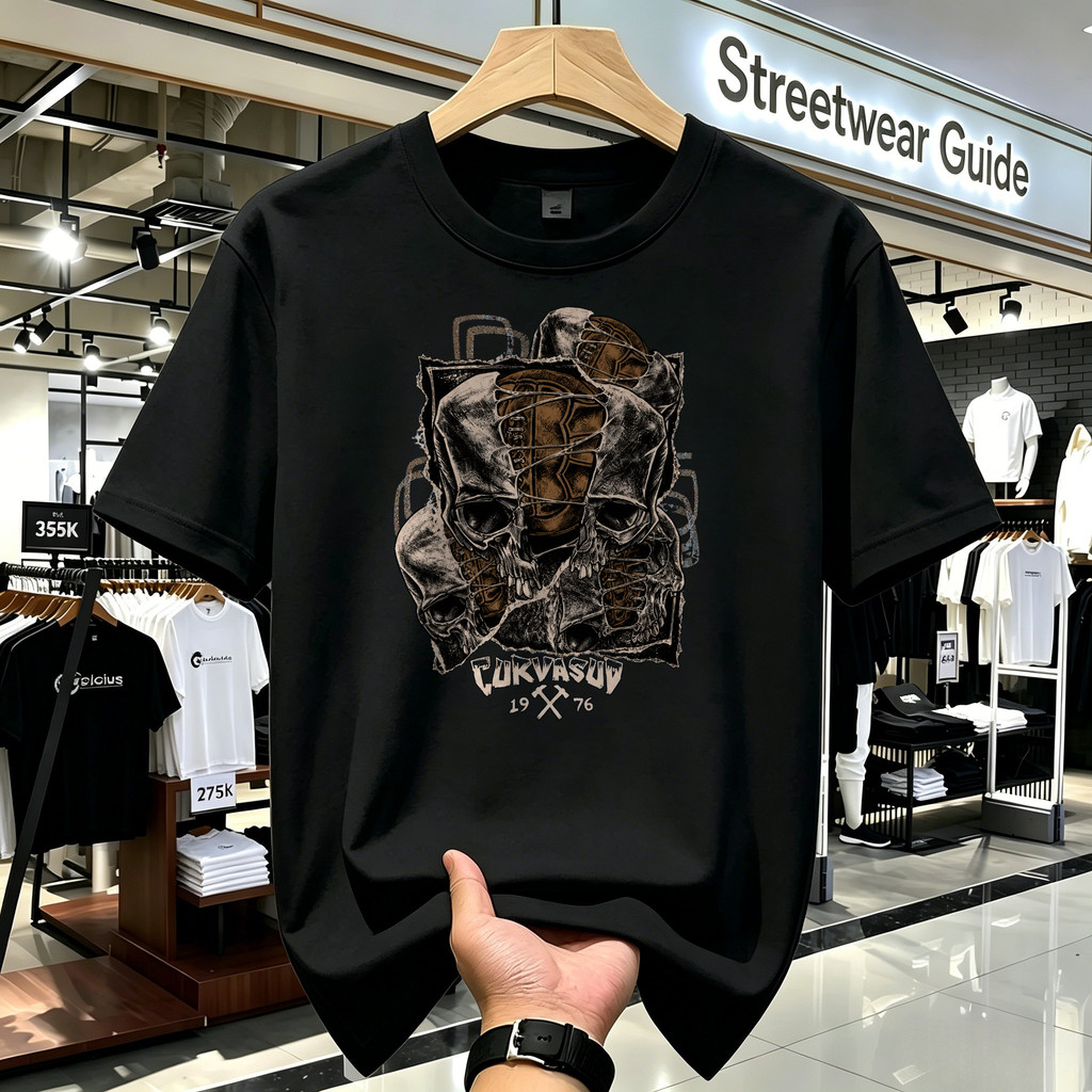 Kaos Boxy Kaki Pria Motif Tengkorak Dan Sepatu Basket Vintage Streetwear Oversize Graphic Tee Unik T