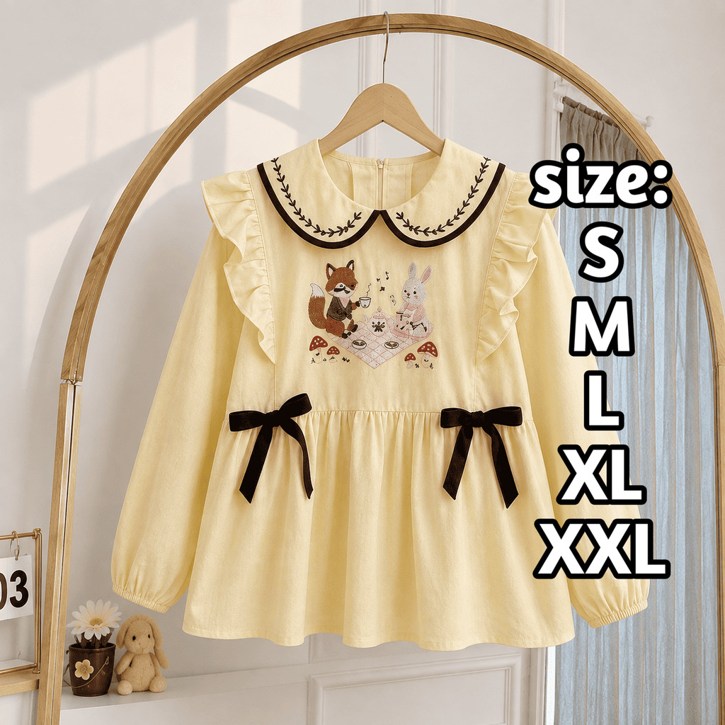 Elthea Blouse Lengan Panjang Kerah Peter Pan Bordir Boneka Ukuran LD 120 110 100 95 90 Bahan Linen R