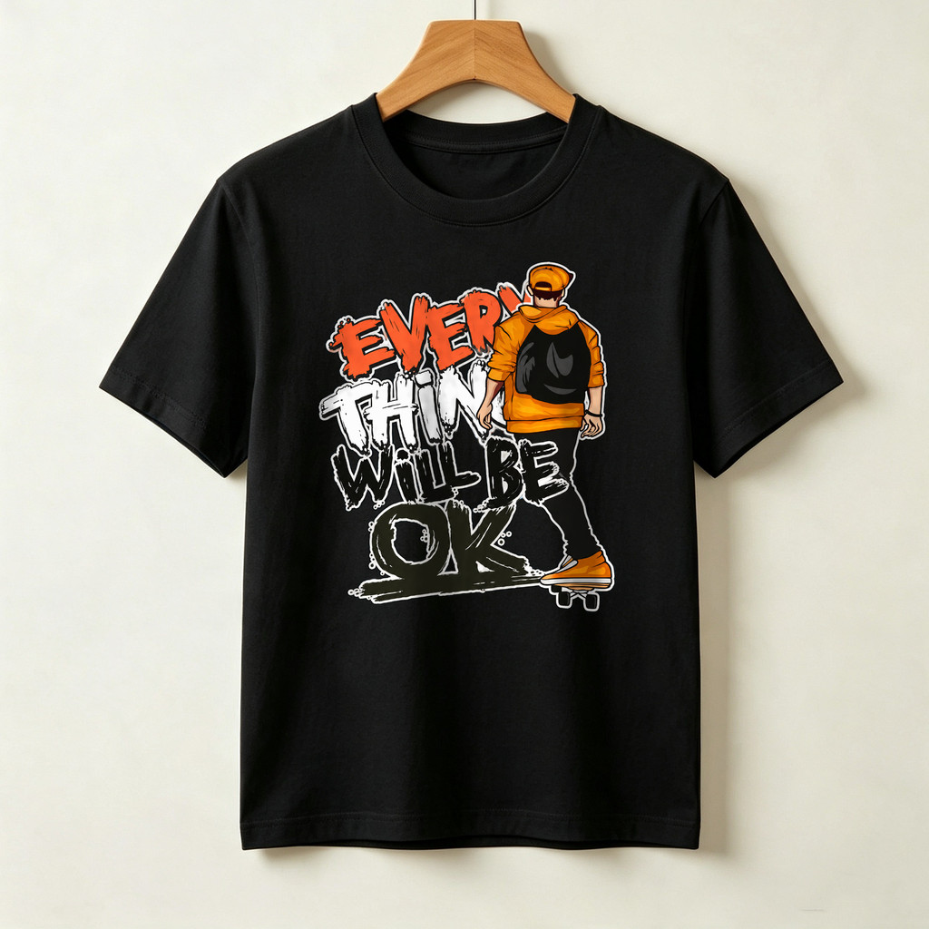 Kaos Distro T Shirt Unisex Lengan Pendek Everything Will Be OK Kaos Kata American Style Kaos Oversiz