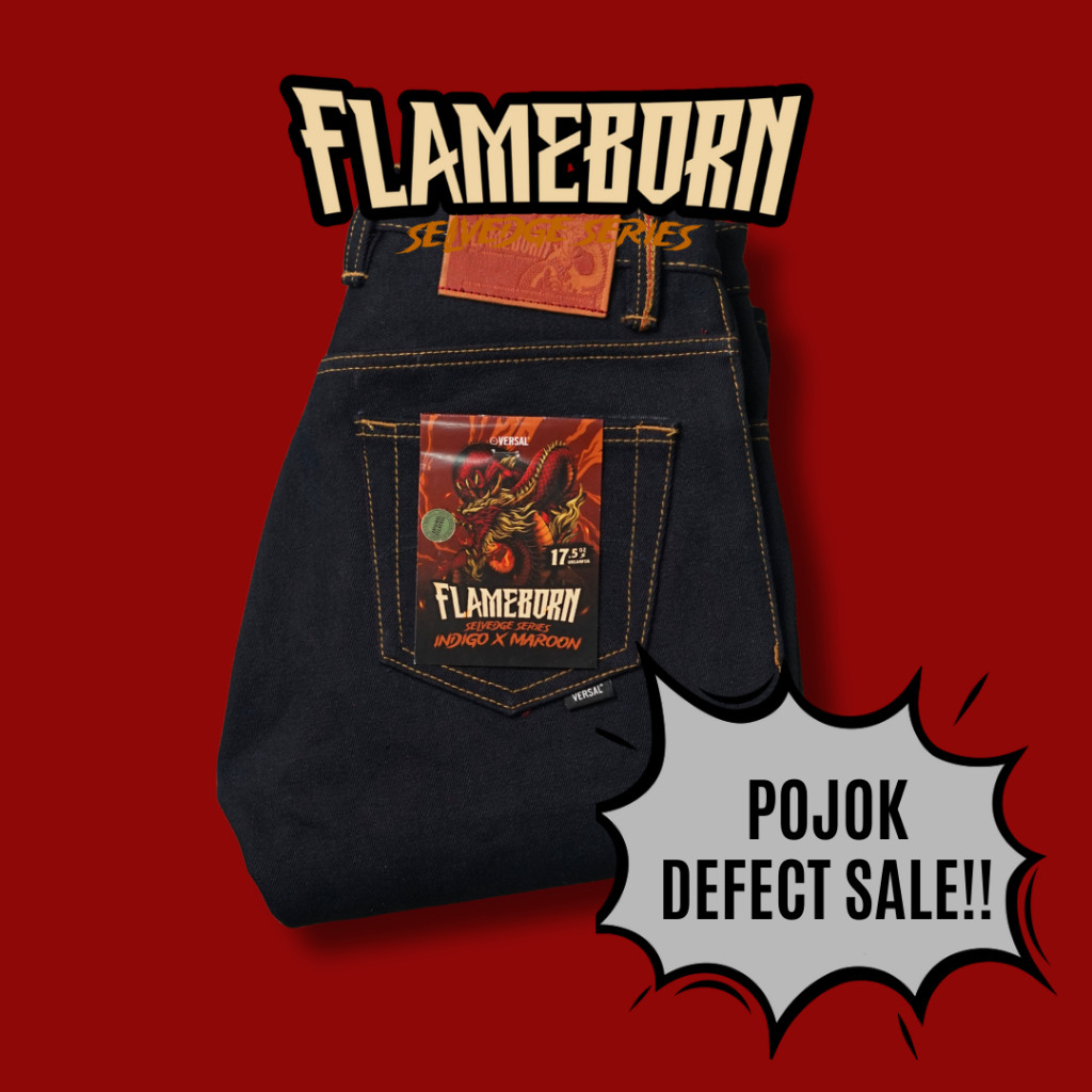 Versal The Finest - POJOK SALE NEW FLAMEBORN 17,5oz Indigo x Maroon Weft Unsanforized Selvedge Denim